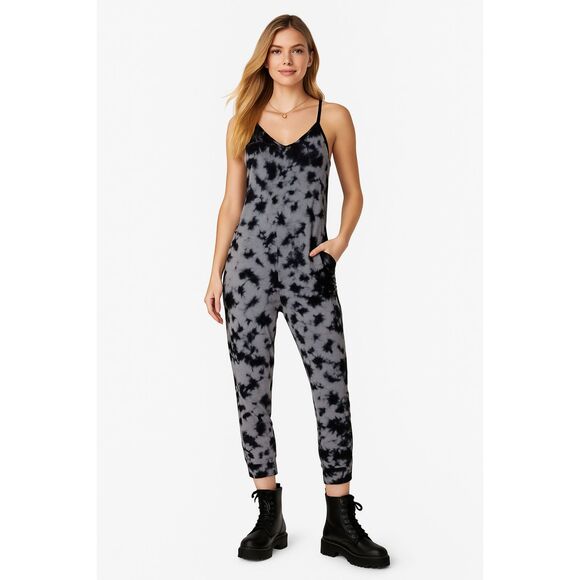 BOBI Tie Dye Jumpsuit XS Gray Black Modal Spaghetti Strap Jogger Loungewear - Picture 1 of 8